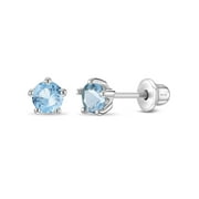 IN SEASON JEWELRY 925 Sterling Silver Classic 4mm Simulated Aquamarine Prong Set Girls Screw Backs