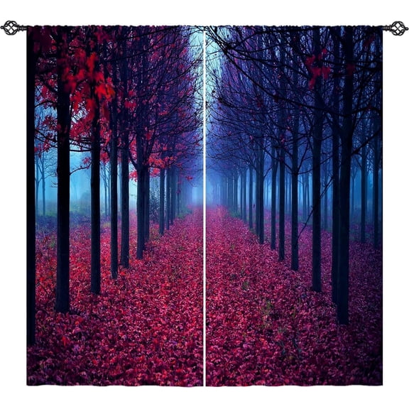 Autumn Curtains Rod Pocket Blackout Room Darkening Curtains with Fall Forest Fallen Leaves Tree Print Pattern Nature Landscape Theme Window Drapes for Bedroom Living Room 2 Panels 52 x 63 Inch