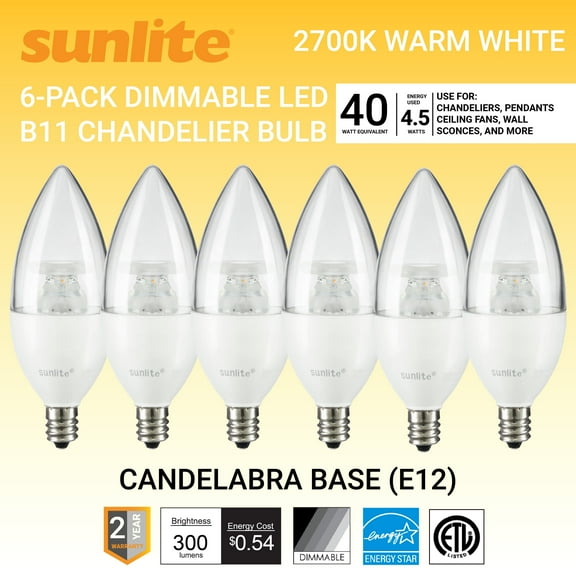 Sunlite LED B11 Clear Torpedo Tip Chandelier Light Bulb, 4.5 Watts (40W Equivalent), Candelabra E12 Base, Dimmable, Energy Star, 2700K Warm White, 6 Pack