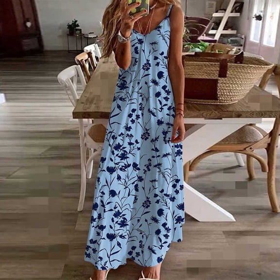 Teissuly Fashion Women Summer Casual Solid V-Neck Camis Sleeveless Long Dress
