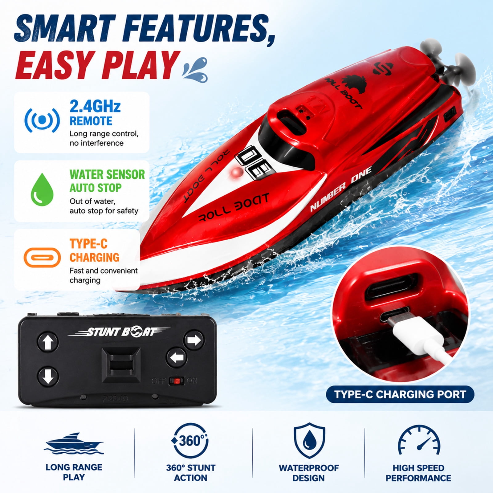 Funtogether toys Mini RC Boat 2.4Ghz Remote Control Watercraft with Rechargeable Battery, Red