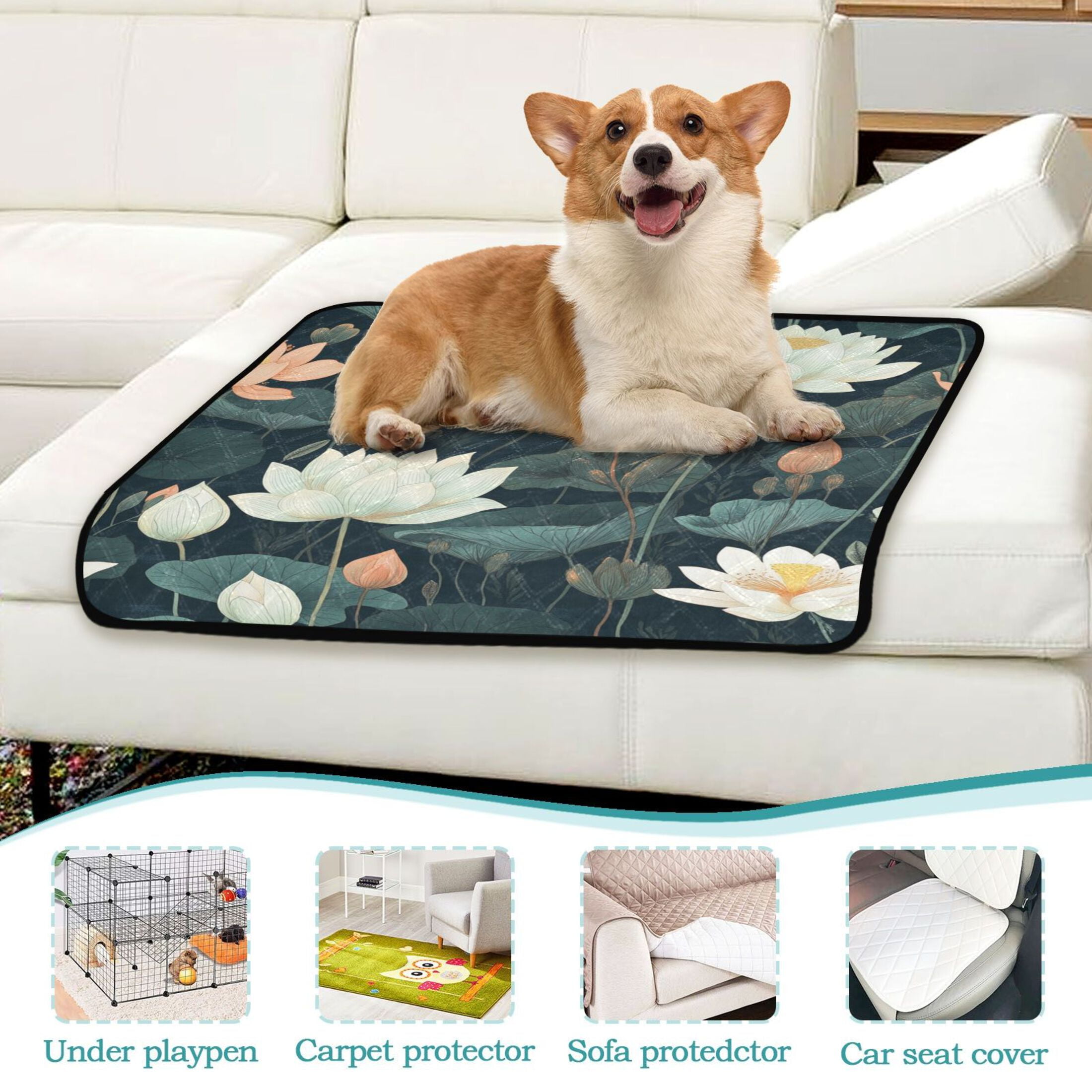 Qxltty White Lotus Flower Cat litter Pads Pet Set of 3 Diaper Mats Center Anti-leakage Layer Absorbent Soft and Comfortable