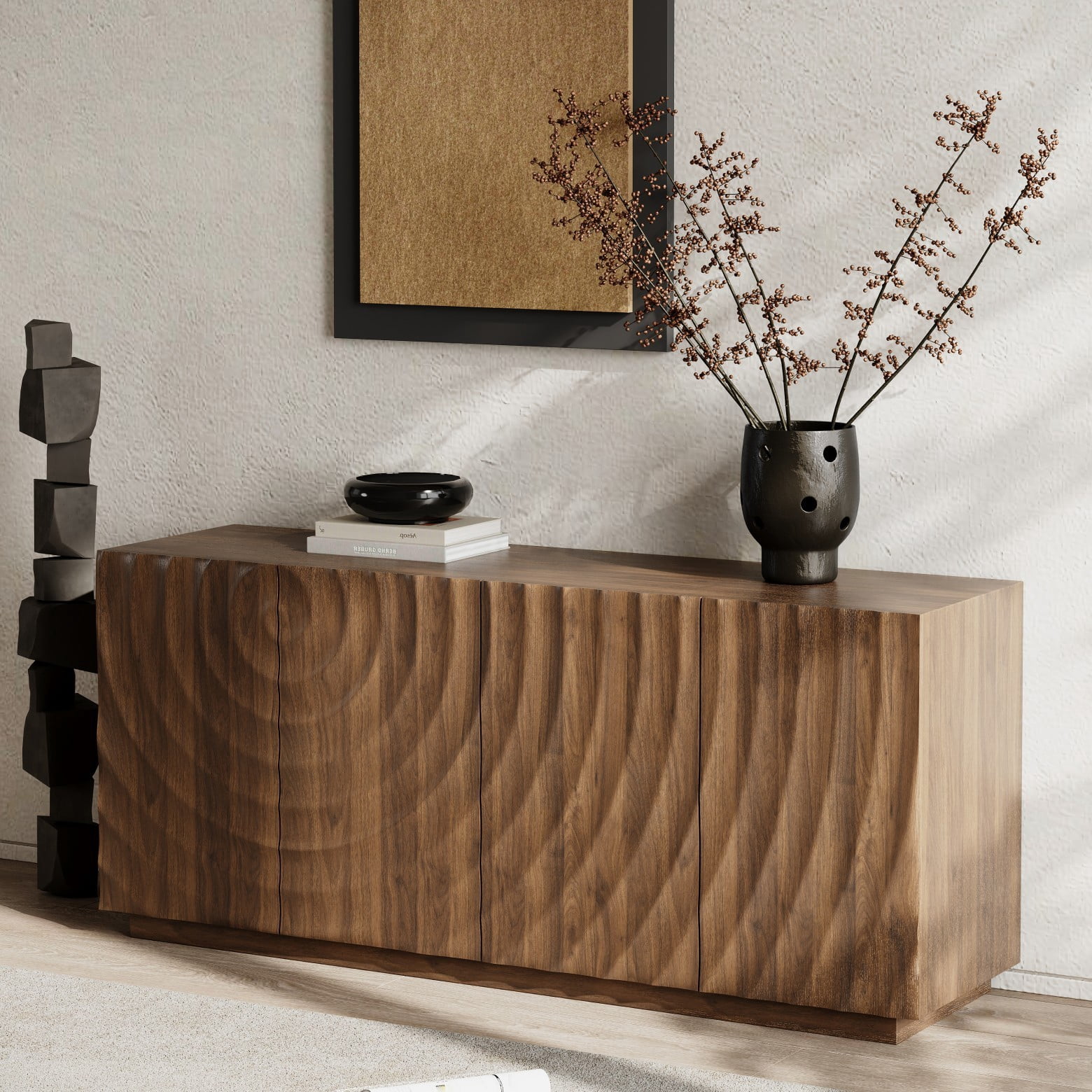 Modern 59" Buffet Cabinet with Storage, 4-Door Wave Textured Sideboard, Black Accent Console Table, Floor Standing Credenza for Living Room Kitchen, Walnut