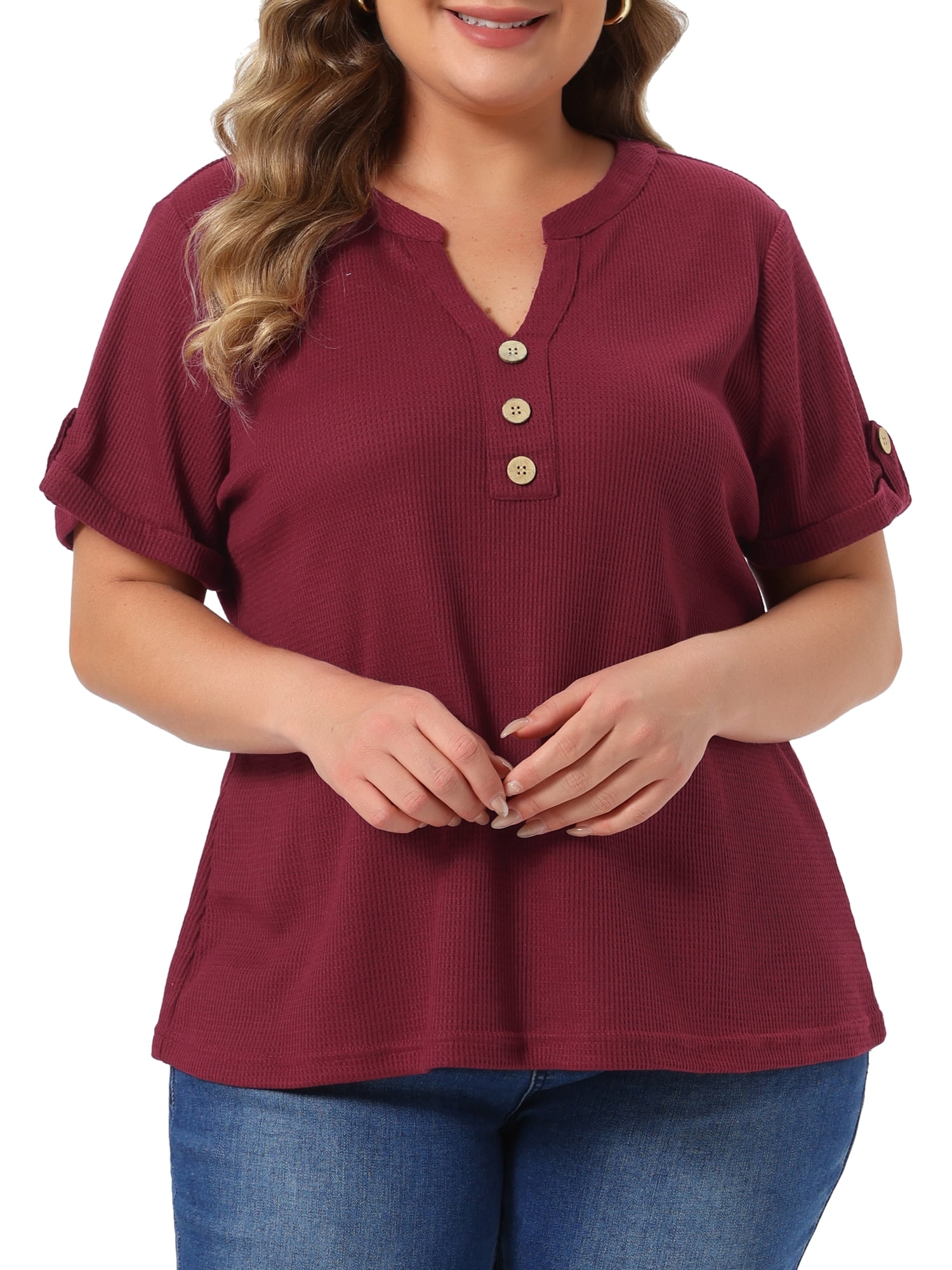 DARING DIVA Women's Plus Women's Waffle Tunic Tops  Button V Neck Casual Blouse 4X Wine