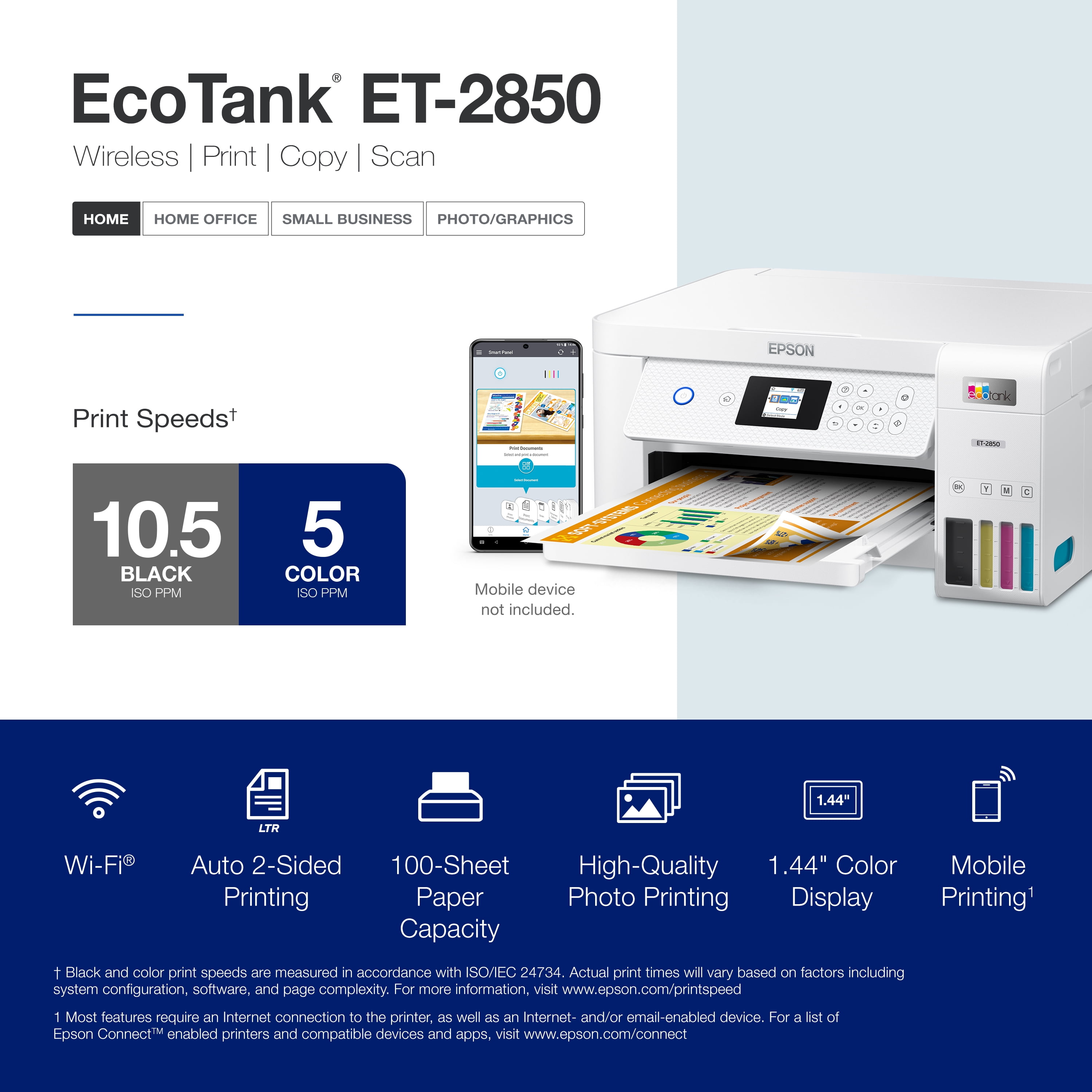 Epson EcoTank ET-2850 Wireless Color All-in-One Cartridge-Free Supertank Printer with Scan, Copy and Auto 2-Sided Printing - White