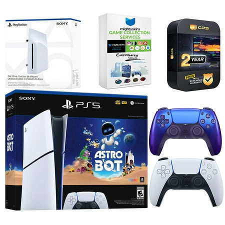 Sony PlayStation 5 Astro Bot Slim Digital Bundle with Disc Drive, Extra Controller, MightySkins Game Collection Services and 2 Year Extended Warranty - Chroma Indigo