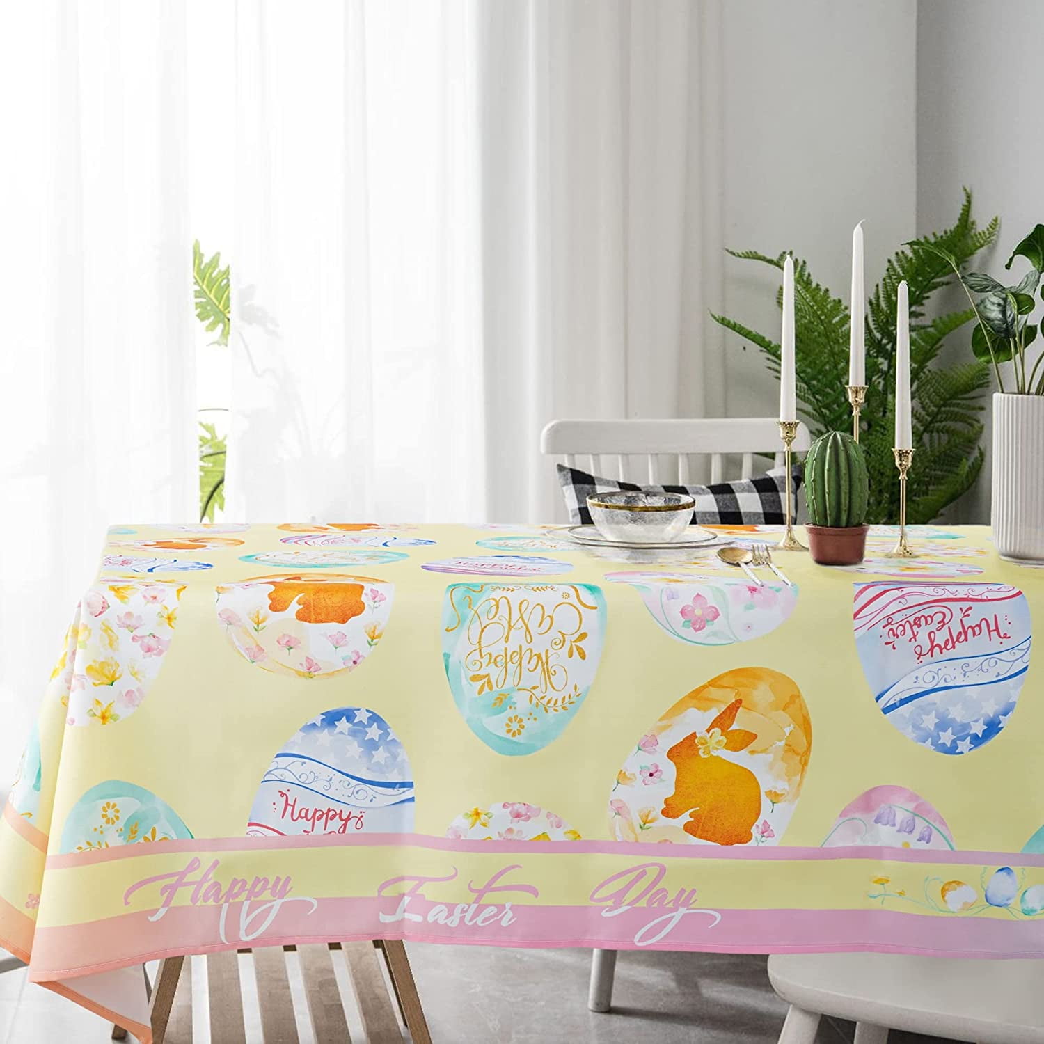 Easter Tablecloth Rectangle 60 x 120 inch Colorful Egg with Happy