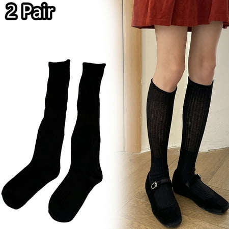 

Ruanlalo 2 Pair Women Winter Long Socks Knitting Calf Socks Solid Color Japanese Style Warm Elastic Anti-slip School Girl Socks Stockings -Black One Size