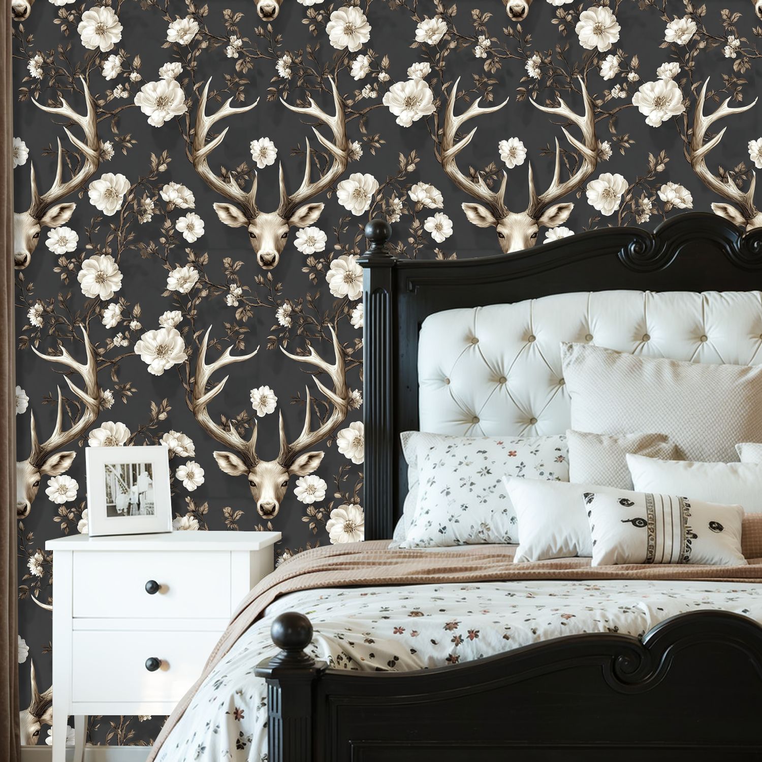 Peel and Stick Wallpaper 23.6in x 9.8ft Antlers Floral Neutral Beige Tones Dark Contact Paper Vinyl Self-Adhesive Removable Wall Paper for Bedroom DIY Home Decor Renter Friendly