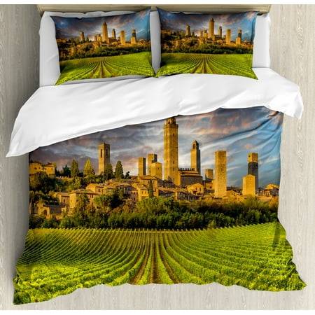 Tuscany Bedding - Italy King Size Duvet Cover Set, Vineyards of San Gimignano Tuscany Historic Architecture Dramatic Sky Clouds, Decorative 3 Piece Bedding Set with 2 Pillow Shams, Green Apricot Blue, by Ambesonne
