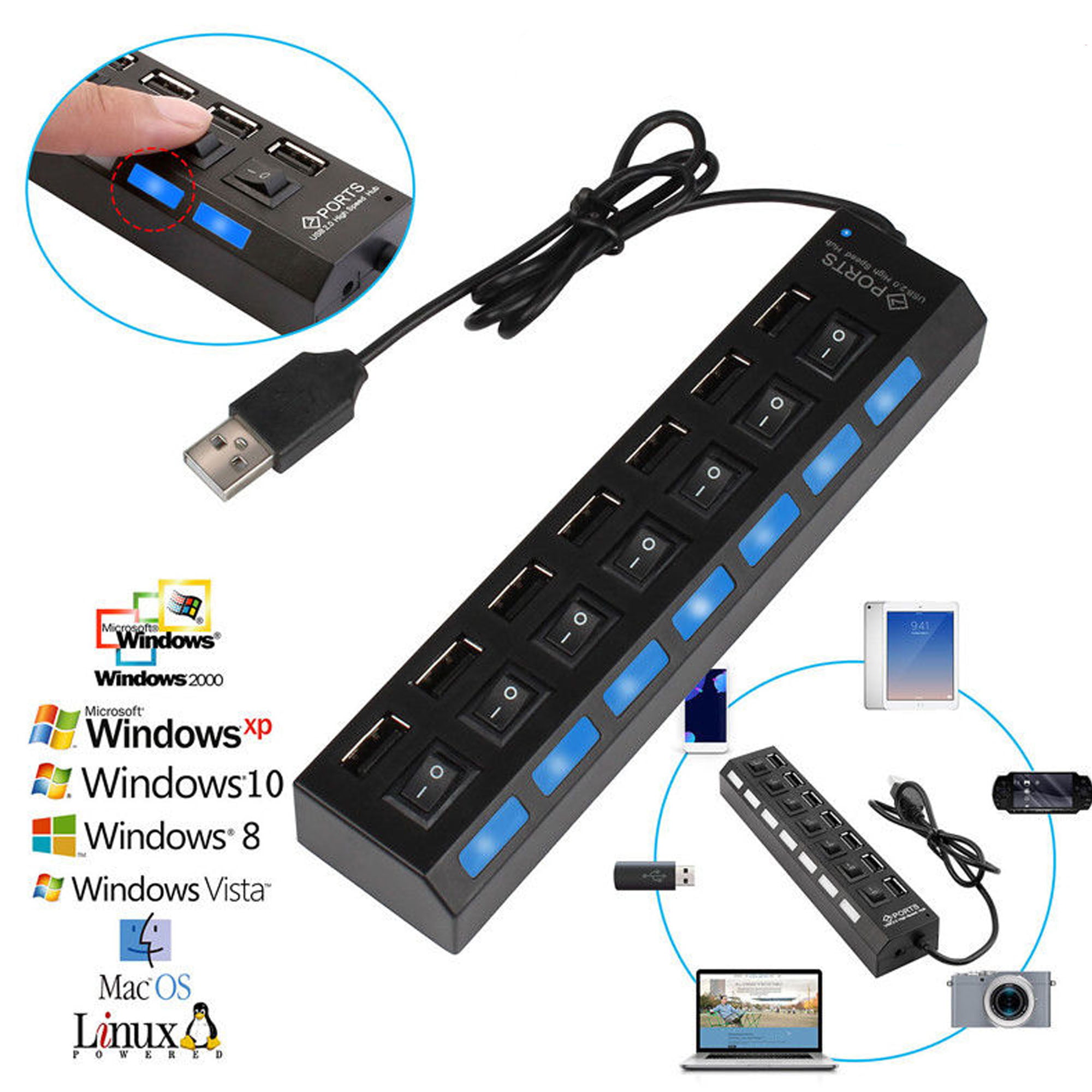 USB 3.0 Ports with Individual Power Switch USB HUB 7 Ports Data Splitter & Power Hub
