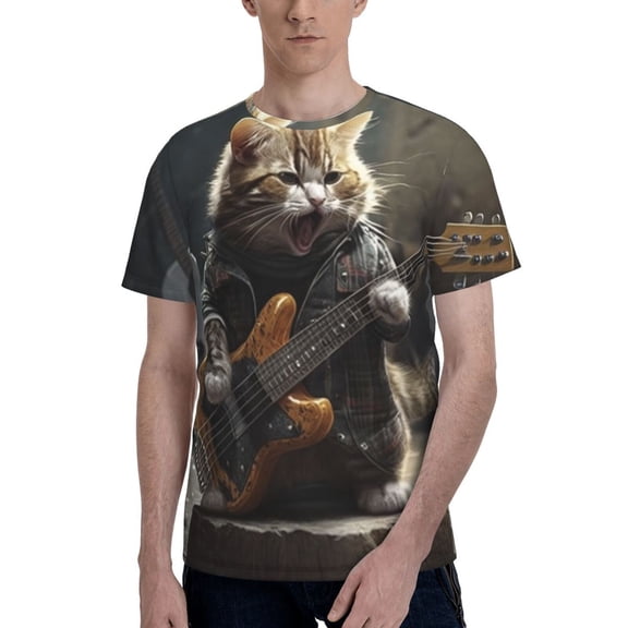 Men's Graphic T Shirt Short Sleeve Summer Casual Tee, Cat Playing Guitar Rock Music