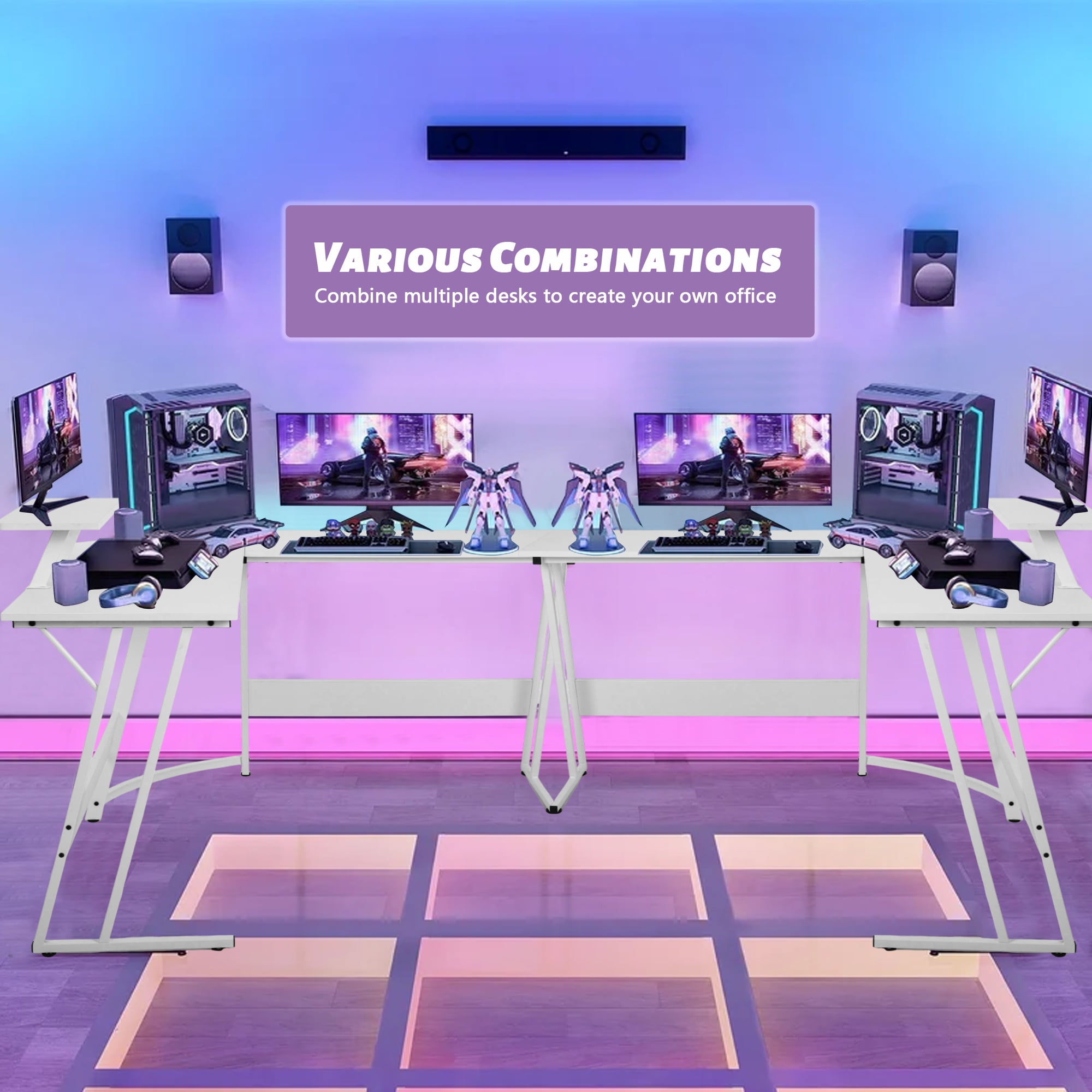YRLLENSDAN Adjustable Feet L Shaped Gaming Desk with Monitor Stand, White