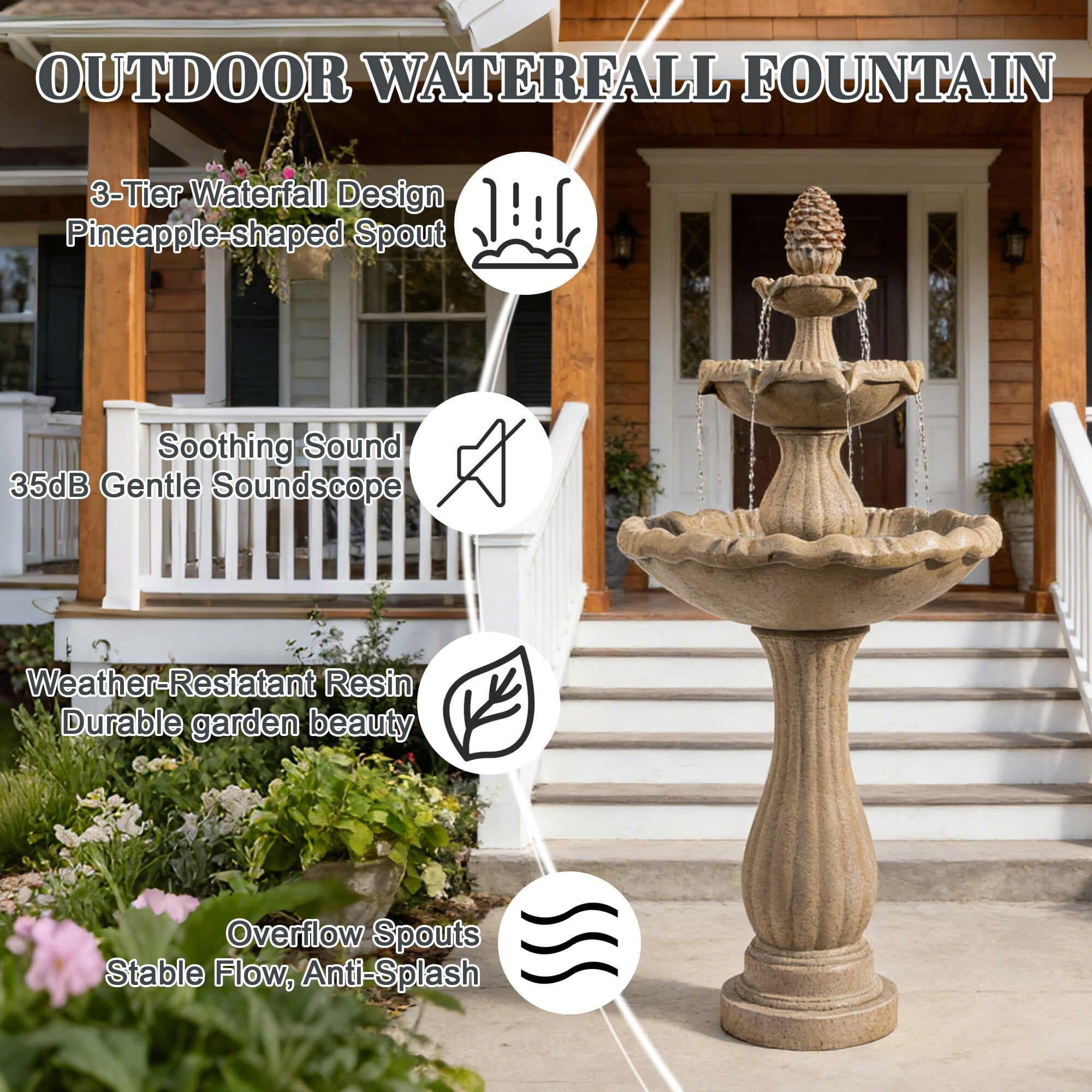Kaluomm 48" 3-Tiers Outdoor Water Fountain, Italian Pineapple Large Cascading Waterfall Fountains, Weather-Resistant Resin Freestanding Fountain Features for Garden Patio Backyard, Beige