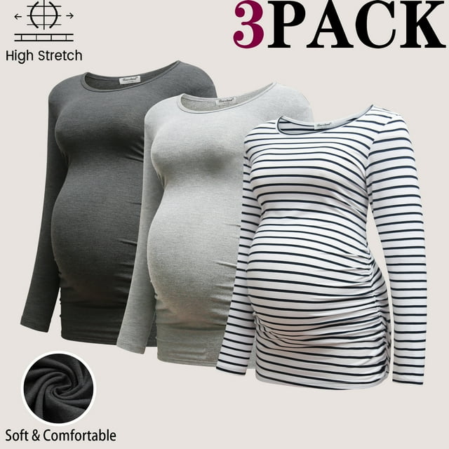 Bearsland Women's Long Sleeve Maternity Shirts Side Ruched Tops Pregnancy Clothes 3-Pack