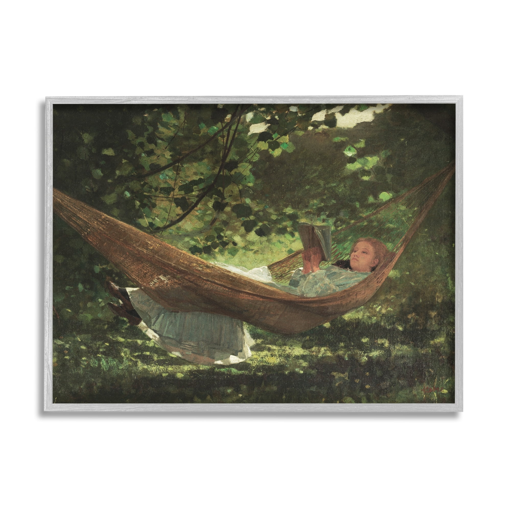 Stupell Industries Girl Reading Book Hammock Classic Vintage Painting Painting Gray Framed Art Print Wall Art, Design by Lettered and Lined