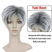 Creamily Grey Short Wigs for Women Layered Short Pixie Cut Wigs with Bangs Synthetic Grey Wigs Wefted Wig Cap