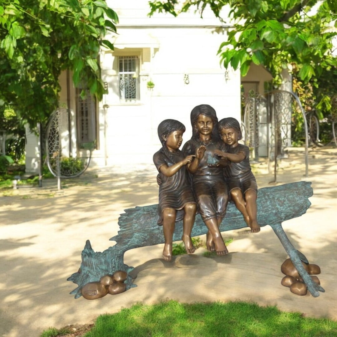 Nifao Three Children On Log Holding Bird Bronze Statue – Outdoor Garden Decor Sculpture, 55"L x 18"W x 38"H