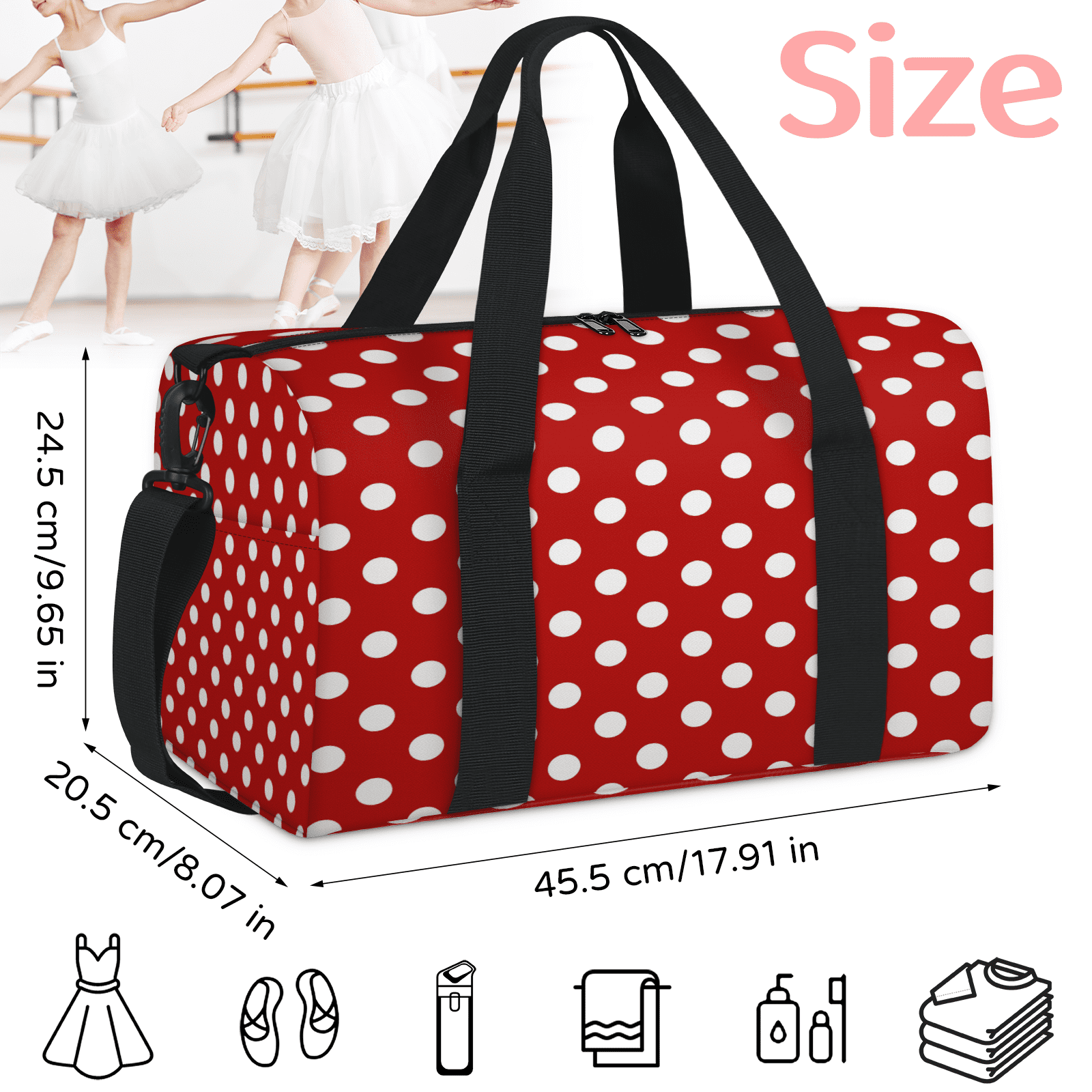 Herdesigns Red Polka Dot Travel Duffle Bag Sports Yoga Weekender Overnight Carry on Workout Bags Lightweight Waterproof Gym Tote Bag for Women