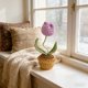 thumbnail image 3 of Bonsái Tejido Maceta de tulipanes de hilo morado, hecha a mano con ganchillo, con flores artificiales, para decoración de primavera en el hogar o la oficina (1 pieza). Rkxzt, 3 of 8