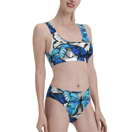 Picia Blue and White Butterflies Women s High Waisted Bikini Scoop Neck Swimsuit Two Pieces Bathing Suit-Large