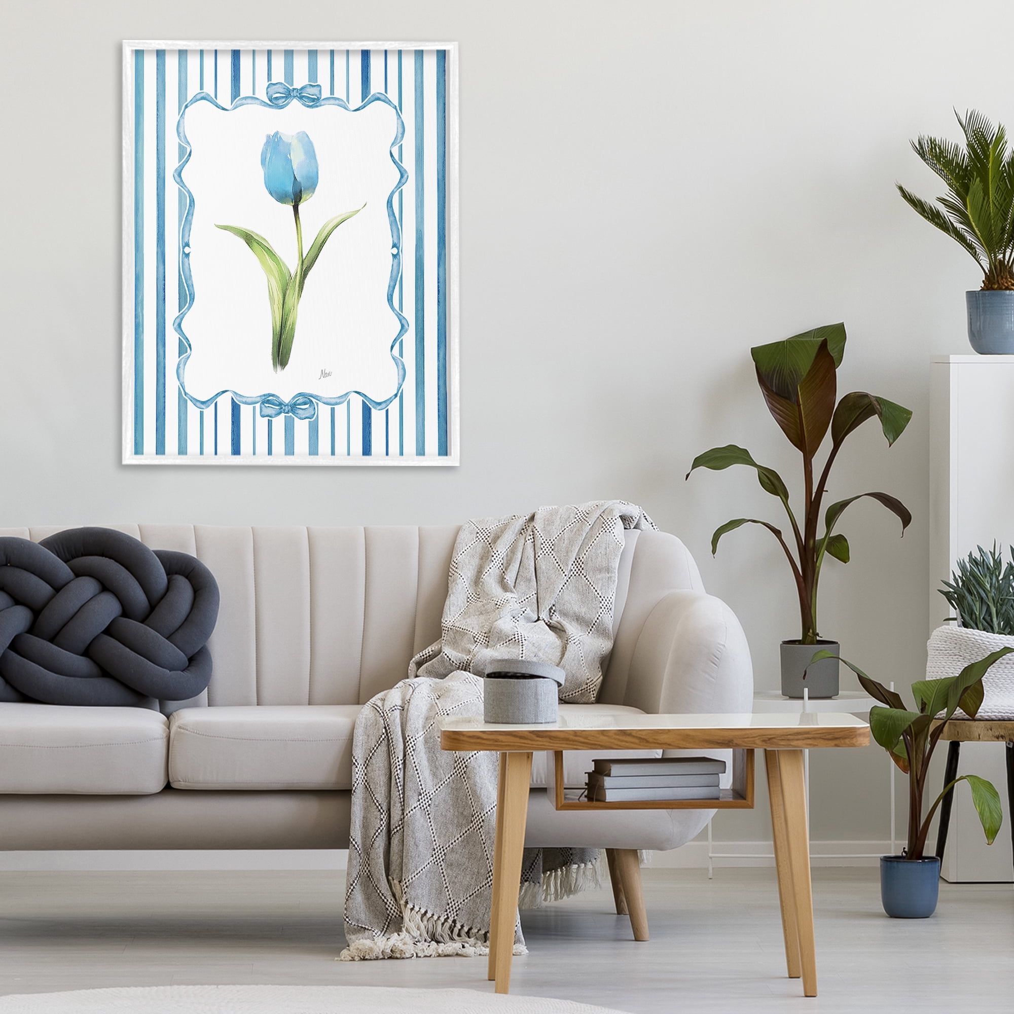 Stupell Industries Single Blue Tulip Stripes White Framed Giclee Art, design by Nan