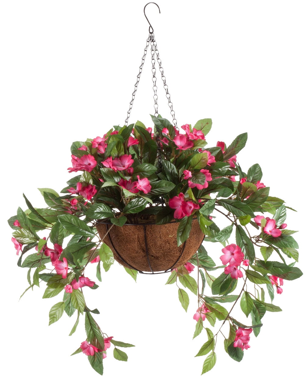 OakRidge Miles Kimball Fully Assembled Artificial Begonia Hanging Basket 10” Diameter and 18” Chain Coral Polyester/Plastic Flowers in Metal and Coco Fiber Liner Basket for Indoor/Outdoor Use 