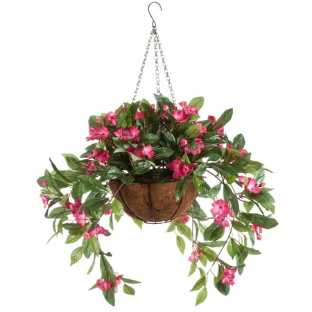 OakRidge Miles Kimball Fully Assembled Artificial Impatiens Hanging Basket, 10” Diameter and 18” Chain – Dark Pink Polyester/Plastic Flowers in Metal and Coco Fiber Liner Basket for Indoor/Outdoor (Best Flowers For Hanging Baskets)