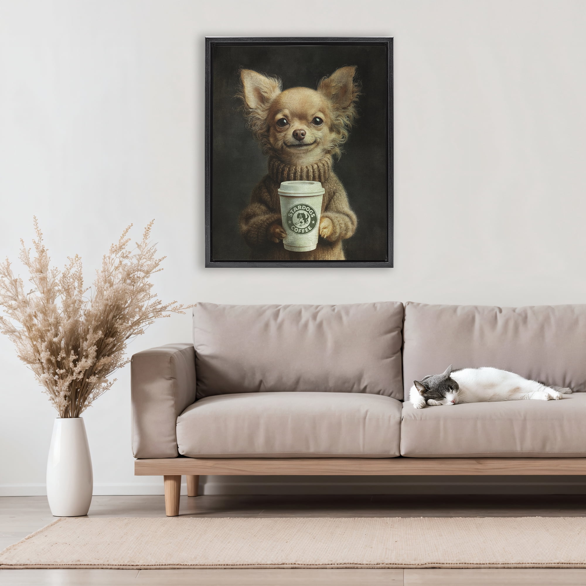 Stupell Industries Espresso Pup in Cozy Sweater Black Framed Floater Canvas Wall Art, design by Svetlana Aleynikova