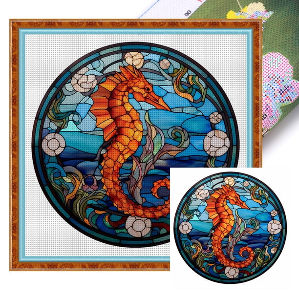 (18CTAFF-108 20x20 color) hilo algodón ecológico bordado 18CT 2 hebras impresión 20*20cm pintura vidrio-Kit serie en punto cruz caballito mar