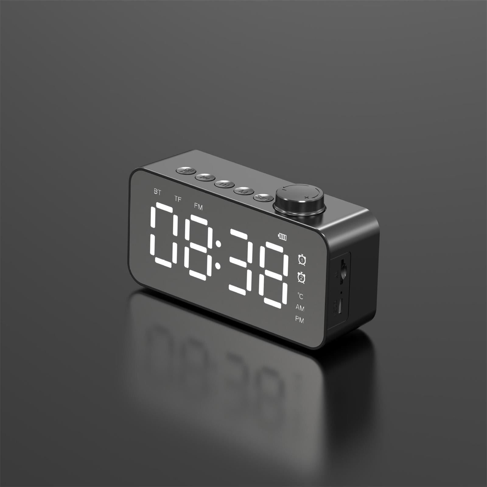 Radio Alarm Clock LED Mirror Display & Full Dimmer Hands-Free Calling and and FM Function Black Bluetooth Speaker with Mic Wireless Speaker Subwoofer Music Player Support Bluetooth 