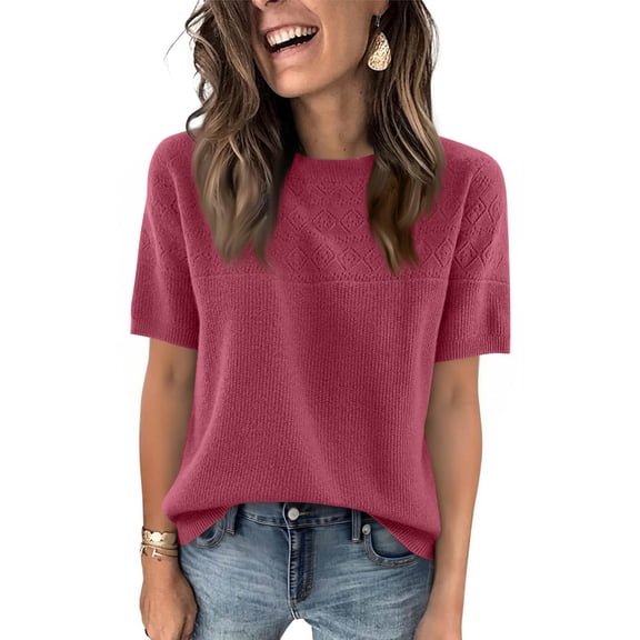 Womens Short Sleeve Sweaters Wool Blend Crew Neck Sweater Shirts Business Casual Work Tops 2026 Summer Outfits Hot Pink XL