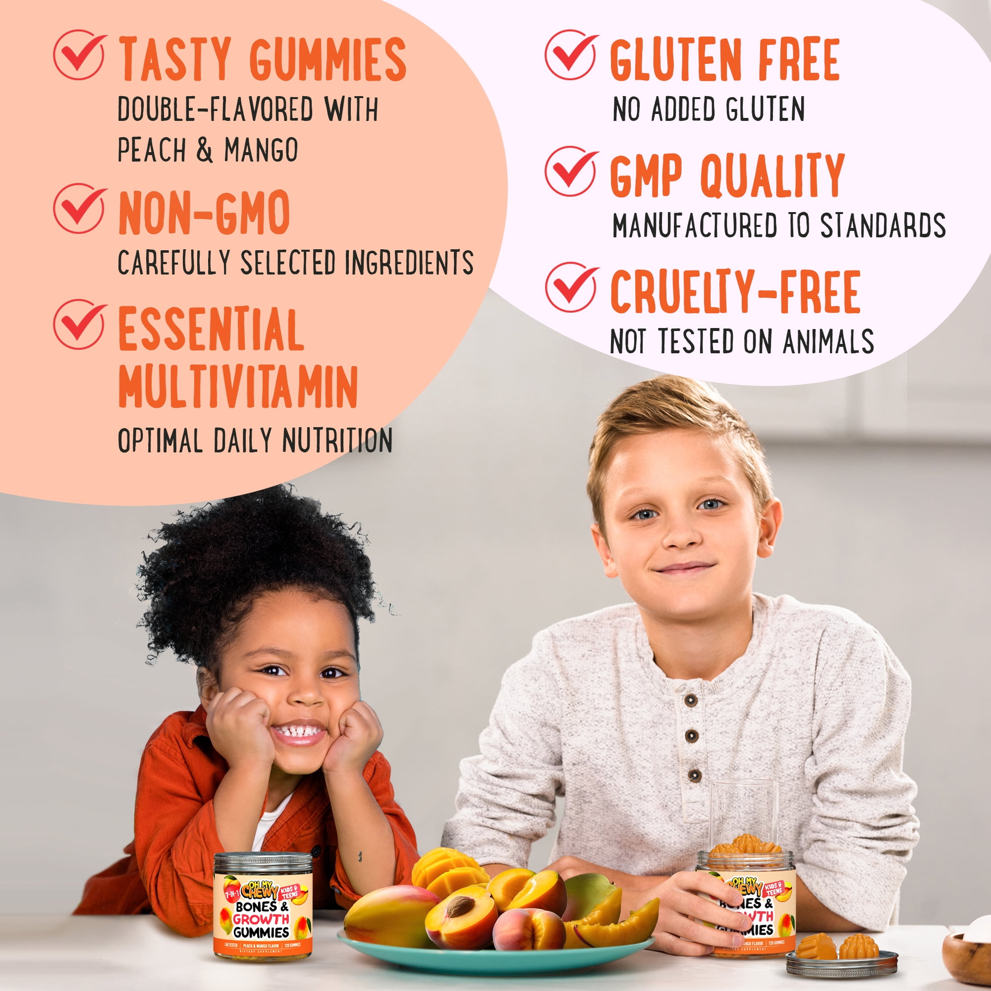 OH MY CHEWY Height Growth Vitamin Gummies for Kids & Teens - Growing Up and Bones Support for Supplement with Calcium, Zinc, Vitamin D3, K2, Spirulina and Astragalus – Peach & Mango 60 CT