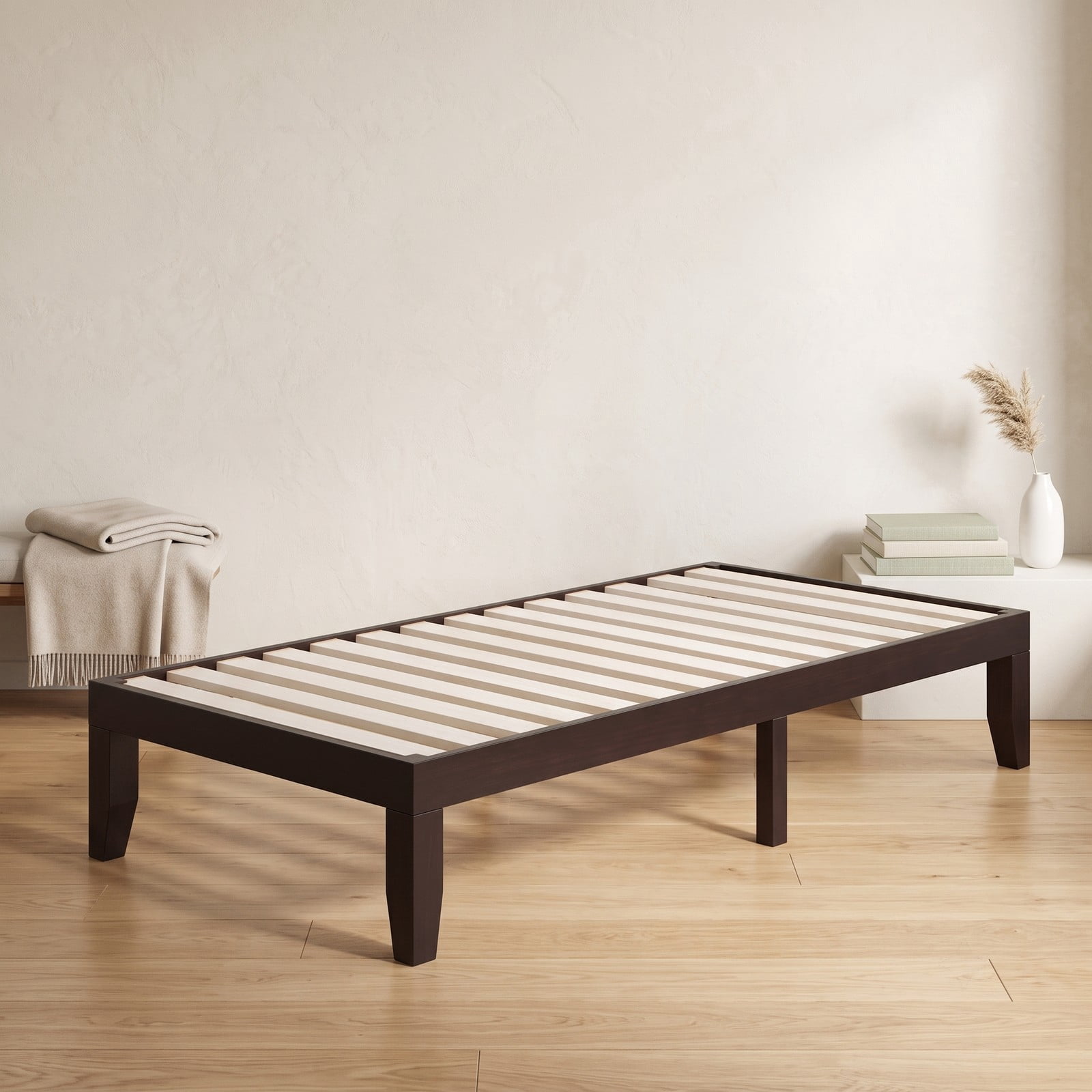 Furnibear Twin Bed Frame, 14 Inch Solid Wood Platform Bed with 14 Wooden Slats and Under-Bed Storage, No Box Spring Needed, Espresso
