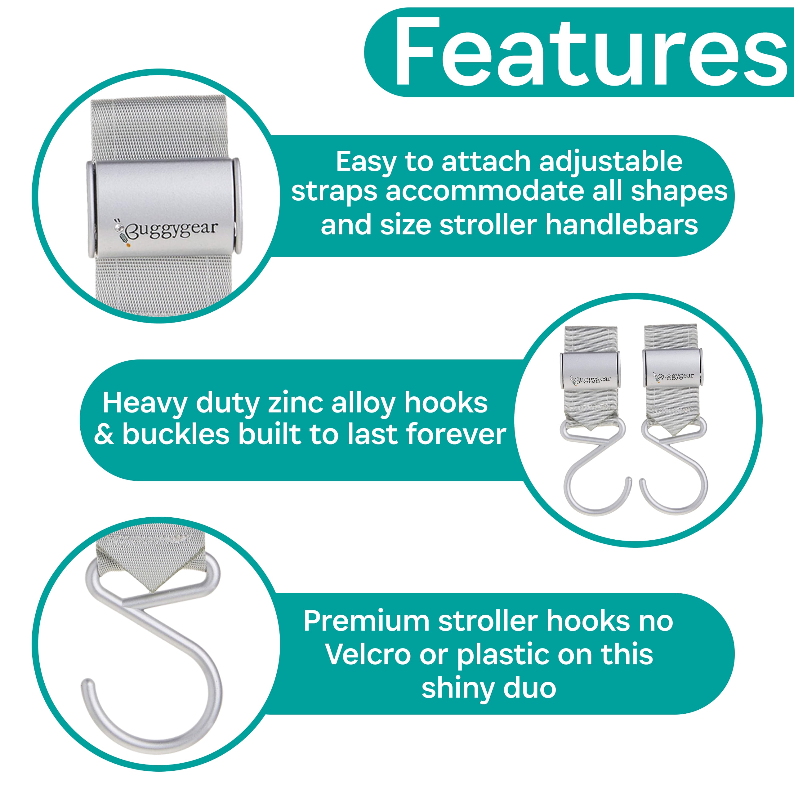 BuggyGear Boutique Stroller Hooks (Set of 2) - Platinum