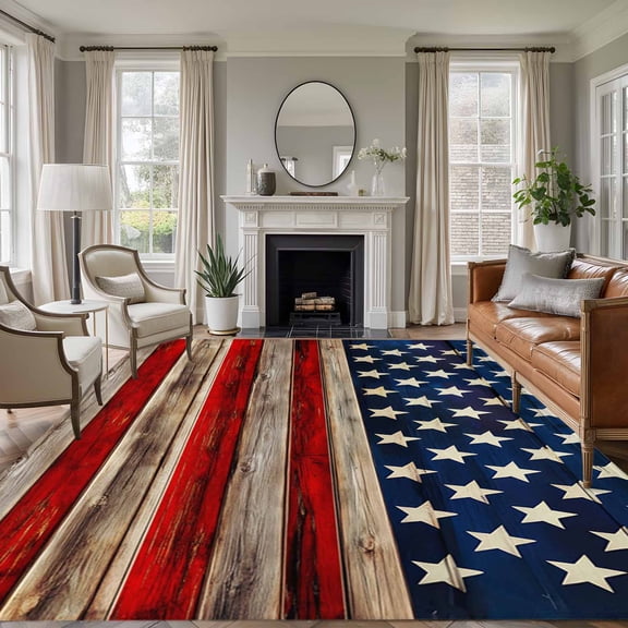 Large Area Rugs for Living Room Bedroom, American Flag 5'x8' Rug Washable Carpet Runner Indoor Outdoor, Vintage USA Flag Wooden Non Slip Floor Mats Rug for Kitchen, Bathroom