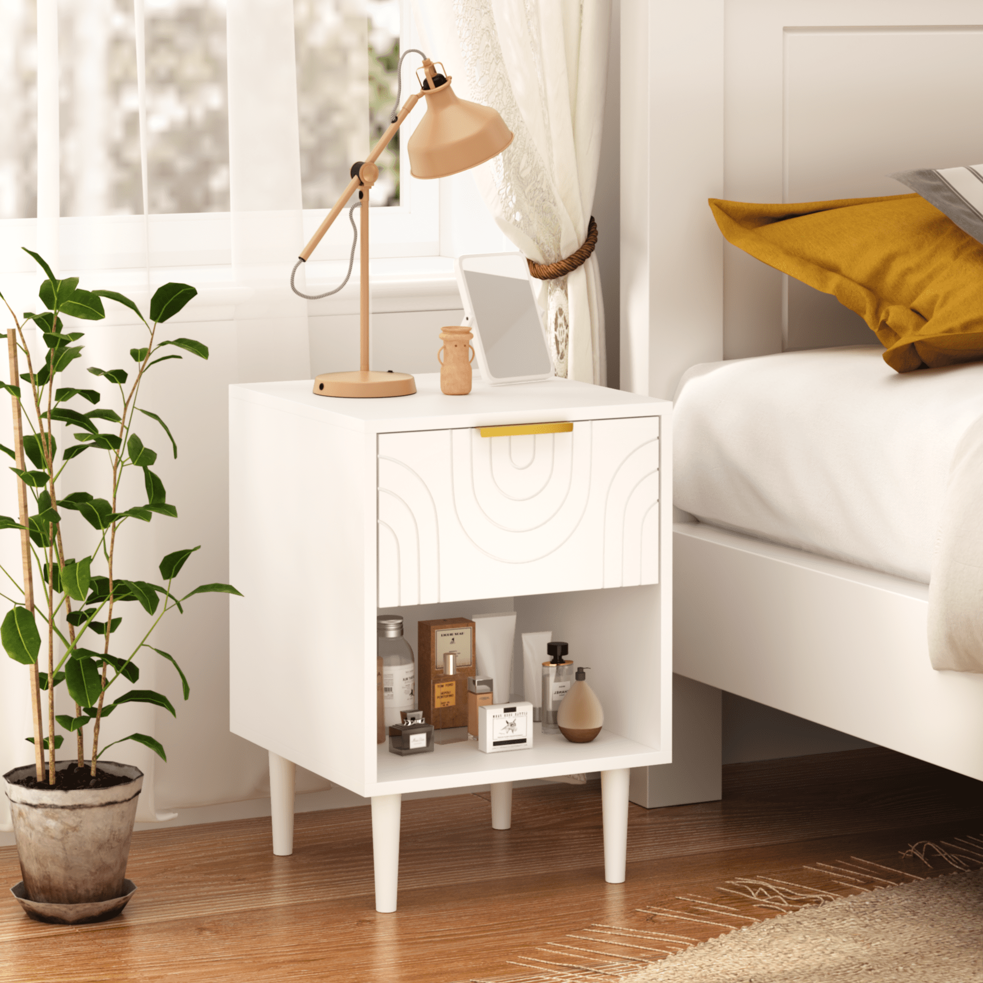 Modern White Nightstand with One Drawer and Open Shelf Ideal for Bedroom Decor