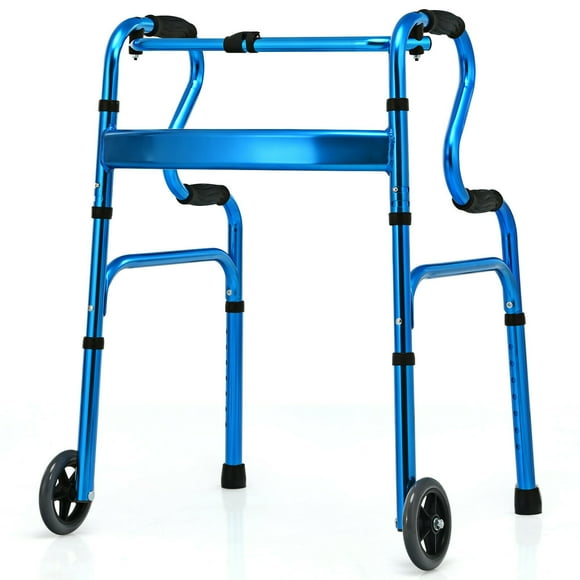 Gymax Heavy-Duty Folding 3 in 1 Stand-Assist Walker Aluminum Alloy W/ Wheel Blue