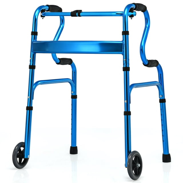 Gymax Déambulateur Pliant Robuste 3 en 1 avec Assistance à la Station Debout en Alliage d'Aluminium avec Roue Bleu