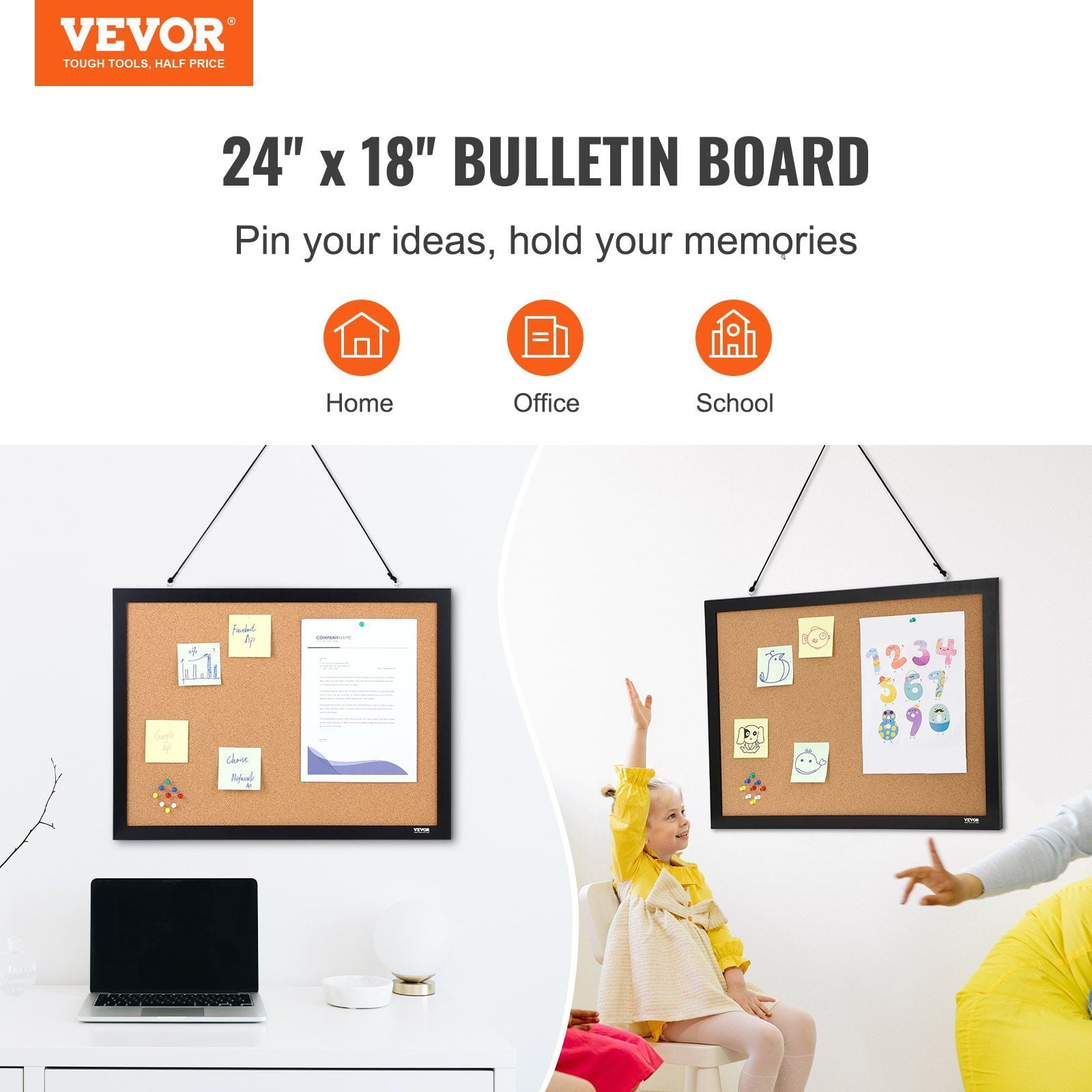 Double-Sided Cork Bulletin Board, 24x18 Inches with MDF Frame & 10 Push Pins - Vision Board for Office, Home, School Decor (White)