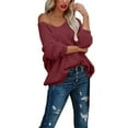 thumbnail image 3 of Women's Off The Shoulder Hollow Knit Pullover Sweater, Loose Lightweight Soft Breathable V Neck Long Sleeve Solid Color Top for All Seasons Casual Wear, Layering Comfort and Versatile Styling Wine M, 3 of 9