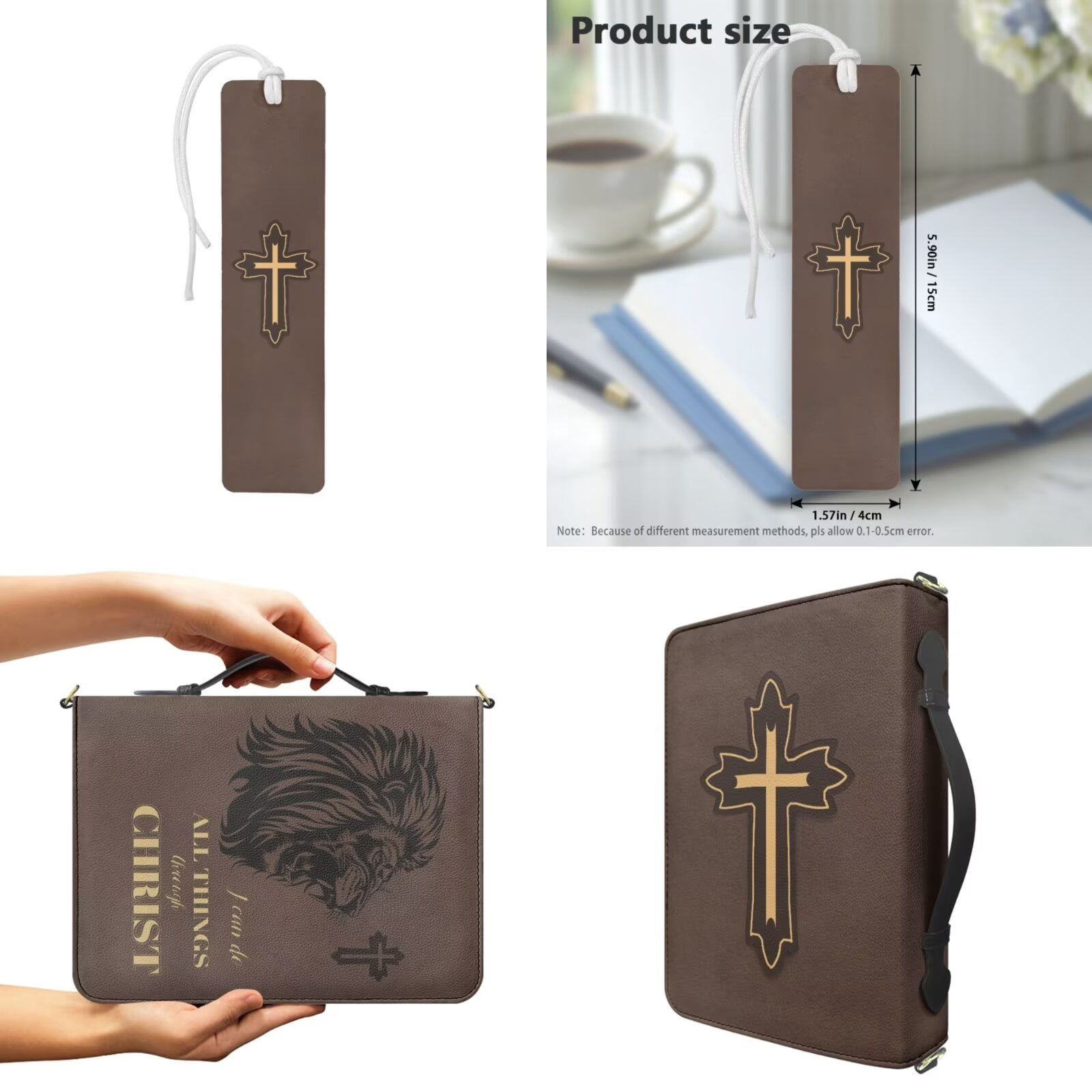 Kuiaobaty Cross Lion Print Bible Case for Women Men Leather Bible Cover Church Bag with Bookmark Roomy Bibles Carrying Case with Handle and Strap for Christian Daily, Brown