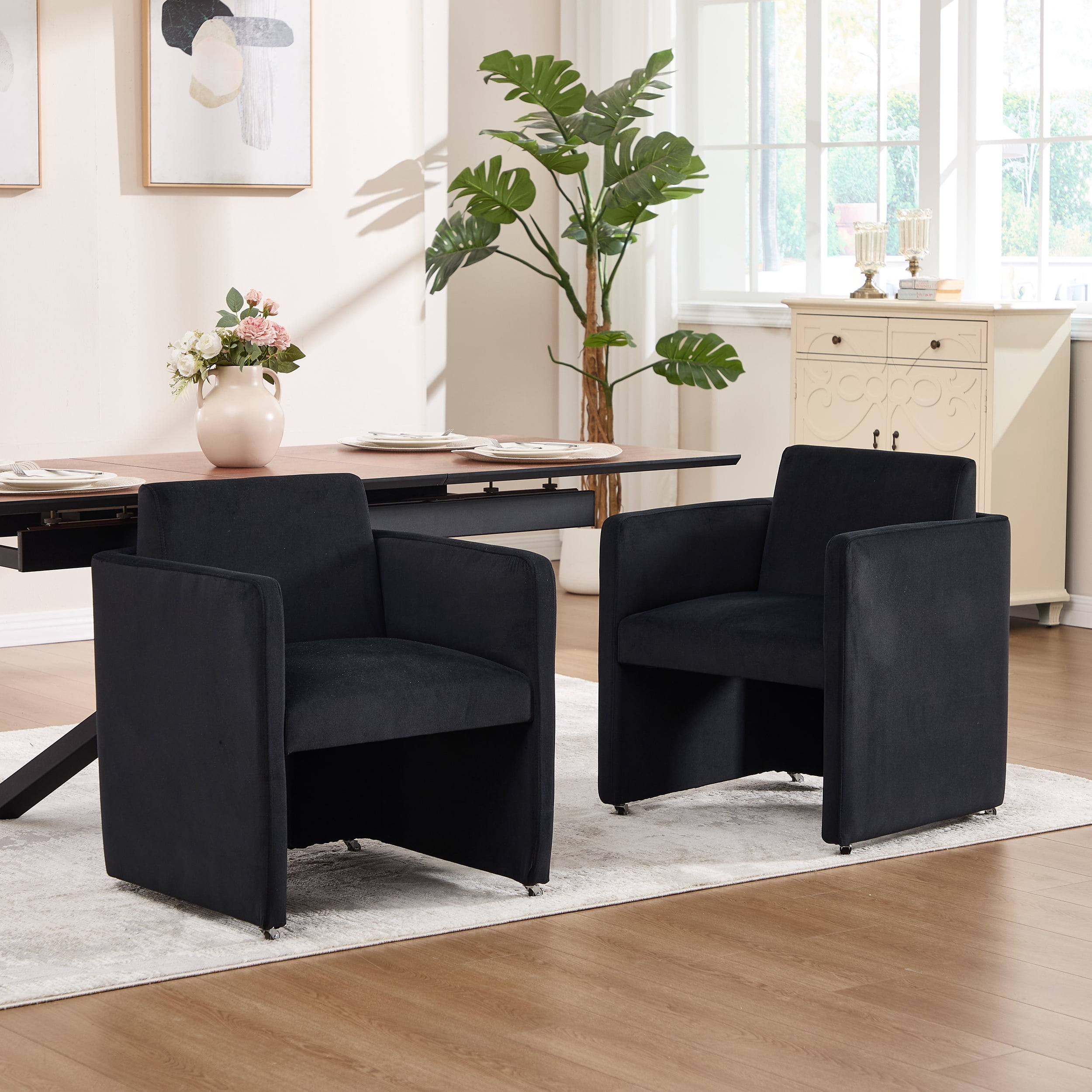 Barrel Dining Chair with Velvet Fabric and Arms, Upholstered Accent Chair and Side Seating for Living Room Home Office Reception, Velvet Black
