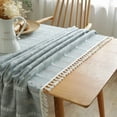 thumbnail image 4 of Enova Home  High Quality Rectangle Cotton Linen Washable Tablecloth Stripe with Tassel for Home Party Wedding Dining Table Light Blue - 55" x 78", 4 of 5
