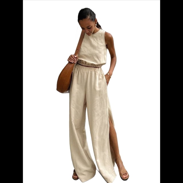 Conjuntos de 2 Piezas para Mujer: Chaleco de , Conjuntos Casuales Elegantes, Pantalones de Pierna con Abertura Alta. Caqui M