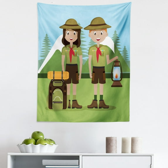 Colorful Tapestry, Camp Woman and Men in the Forest Outdoors National Park Recreation Theme Print, Fabric Wall Hanging Decor for Bedroom Living Room Dorm, 5 Sizes, Multicolor, by Ambesonne