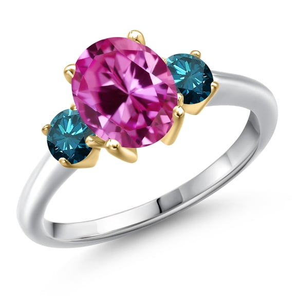 Gem Stone King 925 Silver and 10K Yellow Gold Pink Created Sapphire and Blue Diamond Engagement Ring for Women | 1.54 Cttw | Oval 9X7MM | Gemstone September Birthstone | Size 8
