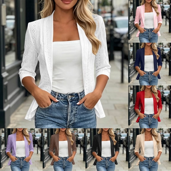 Women's Hollow Eyelet Cardigan Lapel 3/4 Sleeve Open Front Loose Shrug Lightweight Business Casual Jacket Spring Fall office Tops White