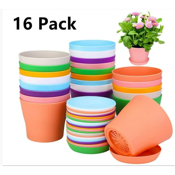 Flower Pots,16 Pcs, 4" Plastic Plant pots, Modern Decorative Small Pots for Plants with Saucer Pallet and Drainage, Flower Plant Container Seed Starting Pots for All House Plants and Seedling Nursery