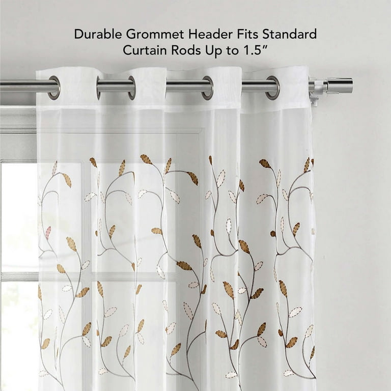Grommet Curtain Panel, Embroidered Sheer Extra-Wide, Beige 54 x 96 